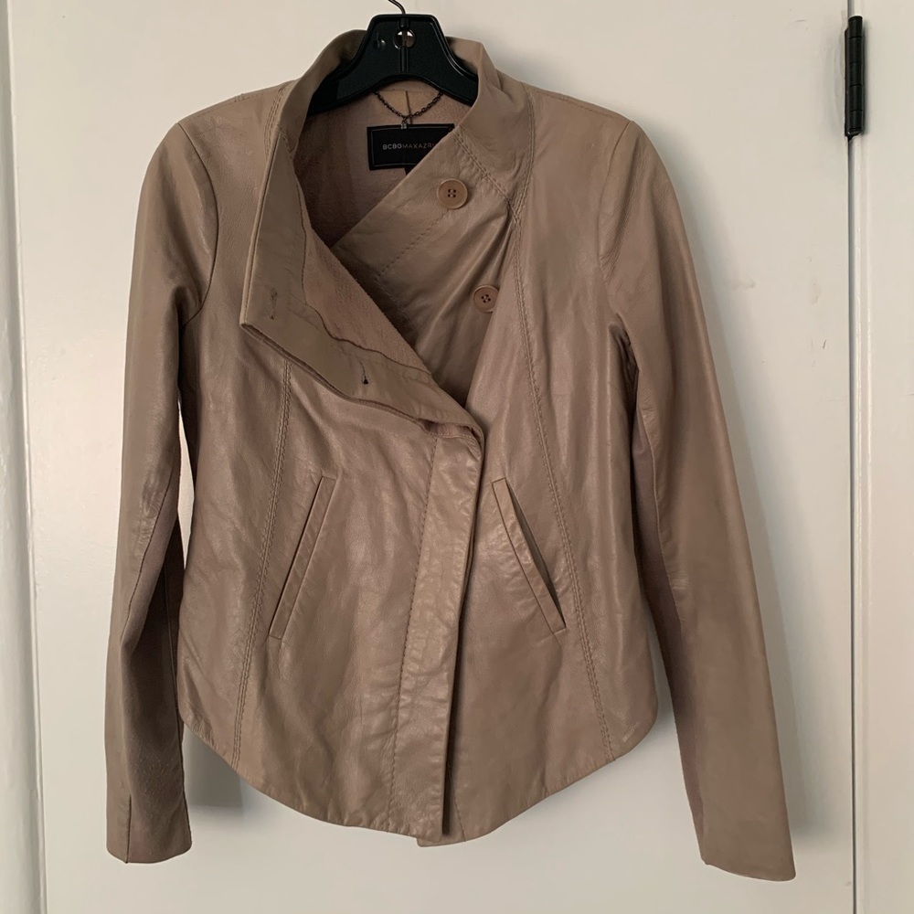 BCBG- Soy Chai Drape Front Leather Jacket